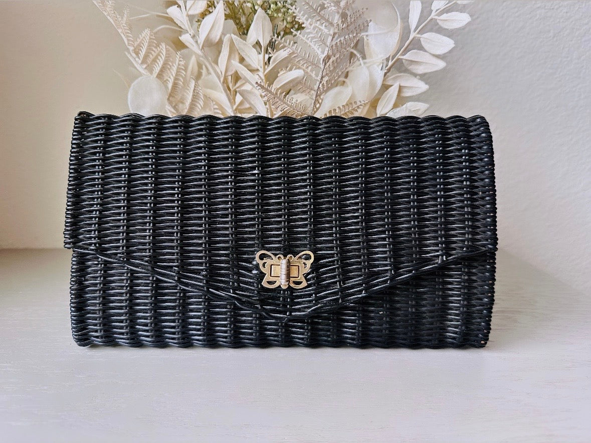 Black Vintage Purse with Gold Butterfly Lock, Incredible 1970s Wicker Woven Vintage Handbag, True Authentic 70s Vintage Envelope Clutch Bag