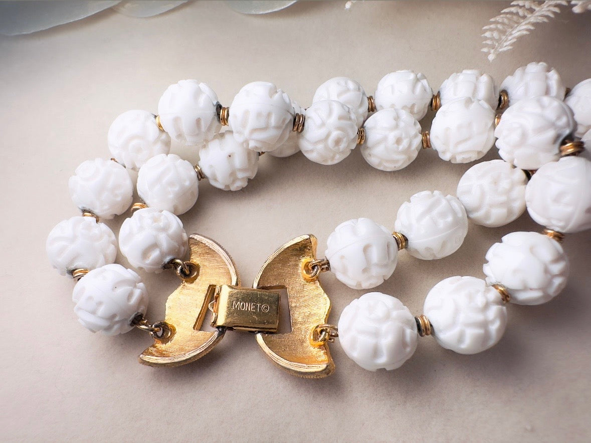 White Monet Bracelet, 1960s Carved Rose White Acrylic Beaded Double Strand Floral Bracelet
