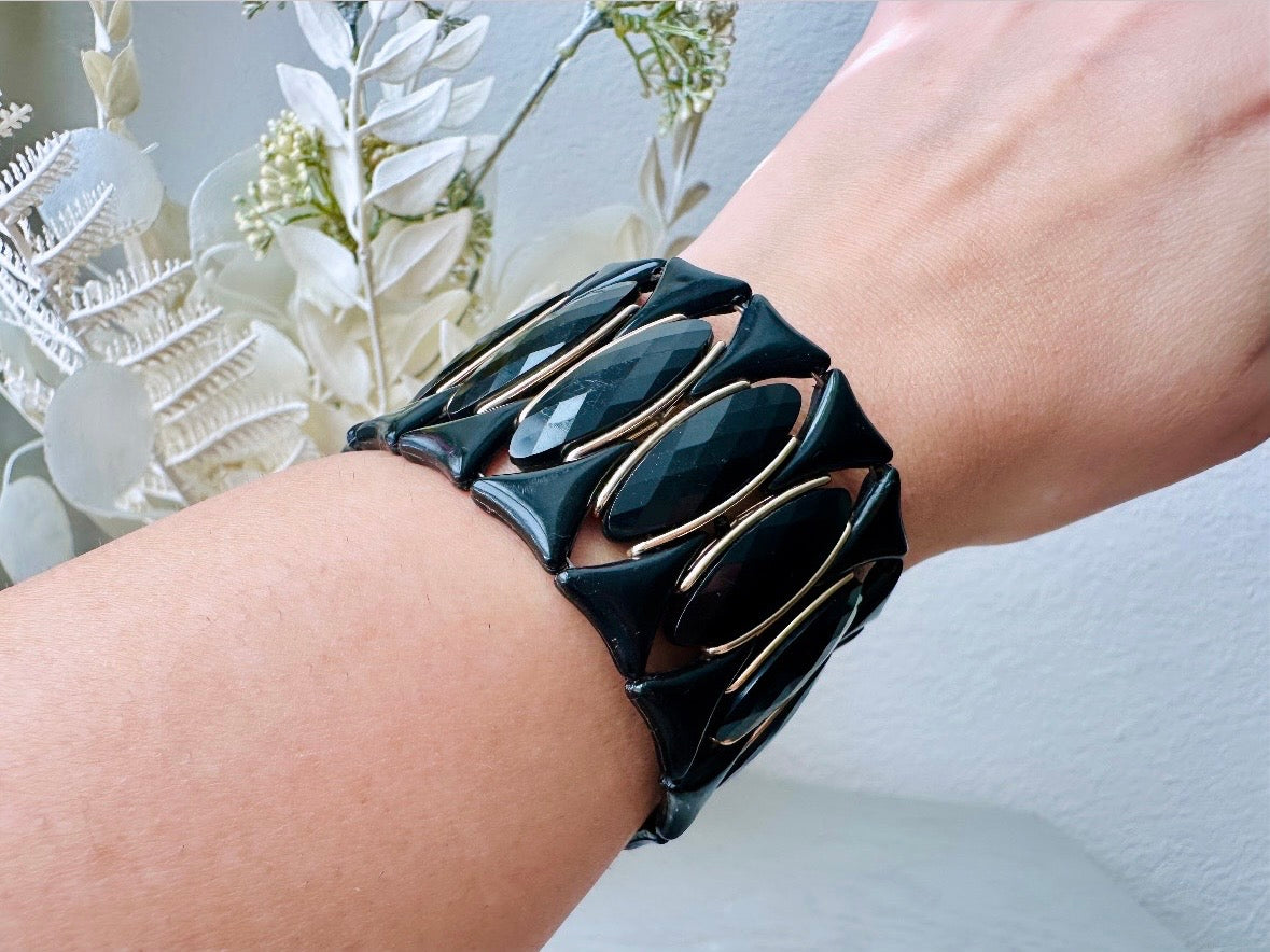 Vintage Black Cuff Coil Bracelet, Black and Gold Bracelet, Gorgeous 1960s West Germany Faceted Acrylic Wide Cuff Bracelets