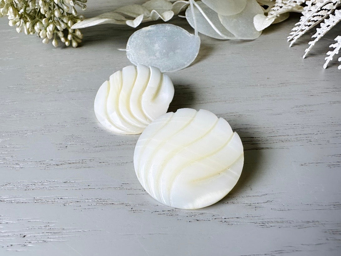 Iridescent White Shell Earrings, Round Carved Shell Clip On Earrings, 1980s Fashion Earrings