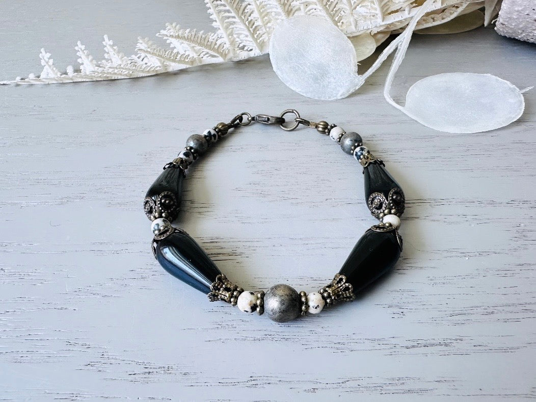 Black Gemstone Bracelet, Handmade Dalmatian Jasper, Czech Glass + Natural Pyrite Stone Bracelet, Unique Beaded Bracelet with Bronze Accents