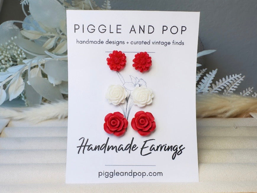 Flower Earrings Set in Red and White, Rose and Daisy Handmade Floral Resin Stud Earrings with Hypoallergenic Posts