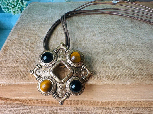 Vintage Pendant Necklace, Tigers Eye and Onyx Gemstone Pendant Necklace by Premier Designs, Etruscan Necklace with Gold Detachable Pendant