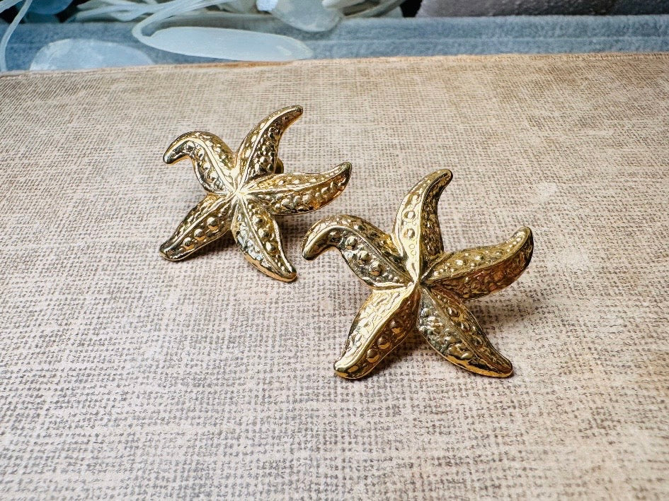 Gold Starfish Earrings, Vintage Starfish Post Earrings, Cute Beachy Mermaid Jewelry, Nautical Pierced Summer Earrings