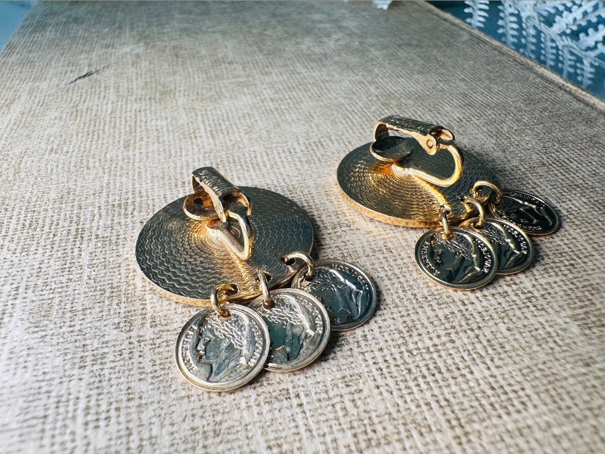 Gold Coin Earrings, Vintage 1970s Roman Earrings, 1971 Napoleon Gold Medallion Chandelier Earrings, Etruscan Style Dangle Charm Earrings