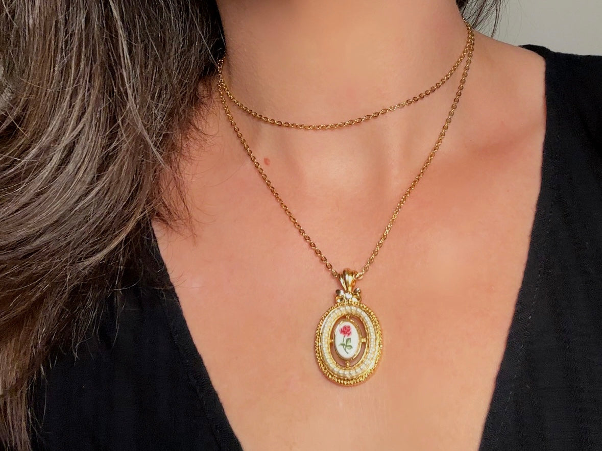 Pink Rose Vintage Pendant Necklace, Ceramic Rose and Pearl Openwork Vintage Avon Necklace, Rare Long Chain Necklace 31", Romantic