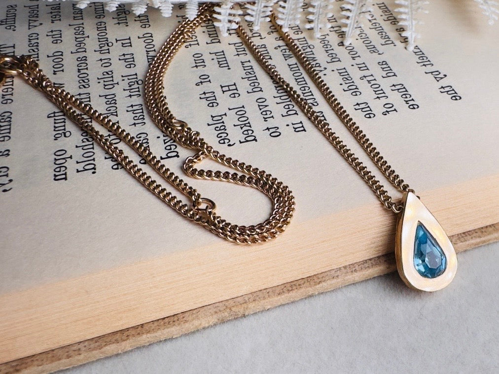 Aquamarine Birthstone Necklace, Vintage Austrian Crystal Blue Raindrop Pendant on Fine Gold Chain
