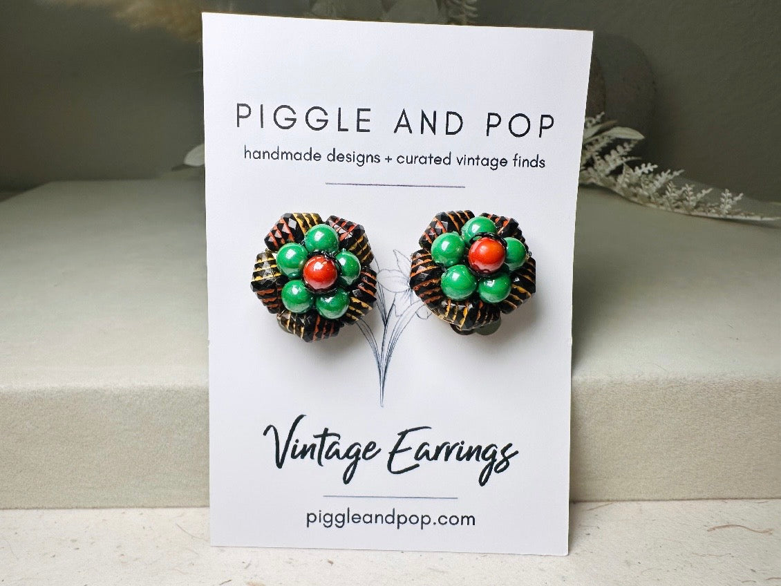 60s Beaded Clip On Earrings, Unique Vintage Retro Earrings in Red and Green, Made in Hong Kong