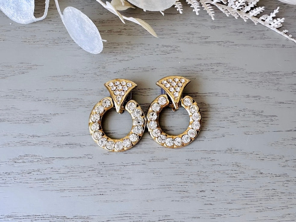 Rhinestone Pave 80s Door Knocker Earrings, Bold Glam Vintage Gold Hoop Clip On Earrings, Elegant 1980s Retro Fashion Earrings