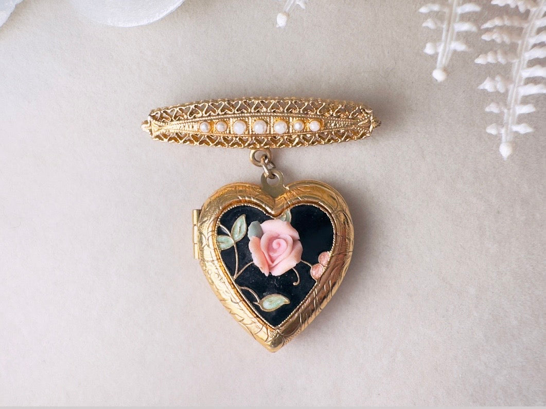 Vintage Heart Locket Brooch, Victorian Pearl Bar Pin Romantic Regency Era Embossed Gold Heart Pin with Black Heart and Pink Ceramic Rose