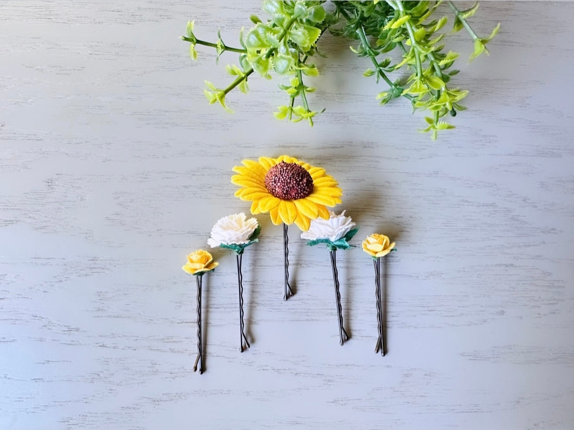 Yellow Flower Hair Pin Set, Yellow Sunflower Bobby Pin with White Carnation + Yellow Rose  Hair Flowers, Sunny Handmade Hair Accessories