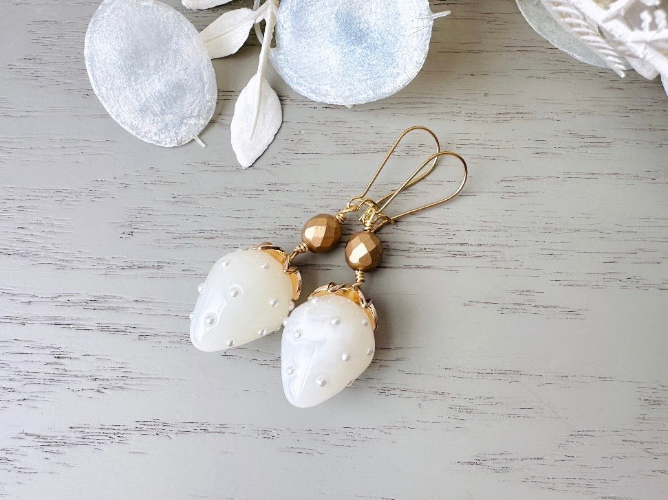 White Strawberry Earrings, Original Handmade 24k Gold + Glass Earrings, Large Pearl Strawberry Dangle Earrings, Unique Handmade Earrings