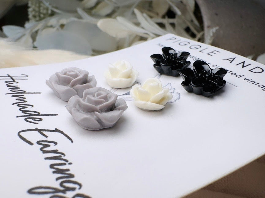 Black White Grey Flower Stud Earrings Set, Small Resin Flower Earrings, Monochrome Post Earrings, Matte and Glossy Black and White Earrings