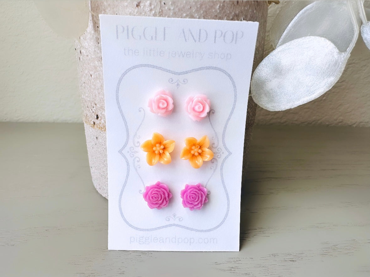 Flower Stud Earring Set in Pink Orange and Purple, Pretty Earring Stud Set, Gift for Teen Girl, Pink Rose Earrings, Hypoallergenic Surgical Steel Resin Earrings FSE3