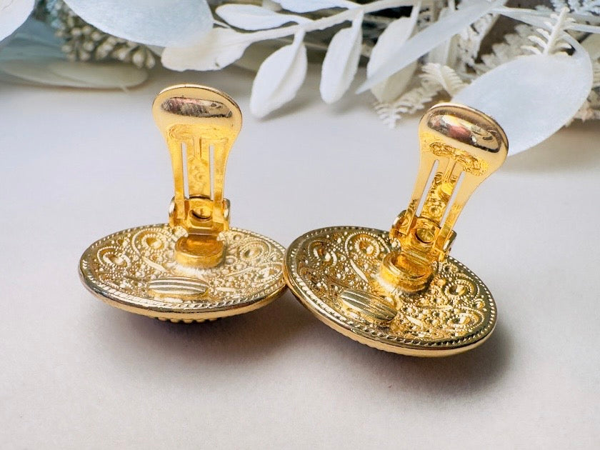 1928 Ornate Gold & Amber Resin Cabochon Vintage Statement Earrings