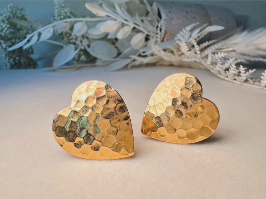 Gold Heart Earrings, Textured Hammered Gold Heart Shaped Clip on Earrings