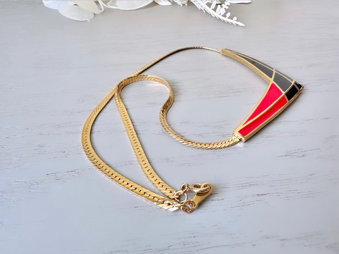 Red, Black and Gold 1986 Vintage Necklace, Slinky Gold Chevron Bar Necklace, Unique 80s Modernist Color Splash Avon Necklace, Excellent