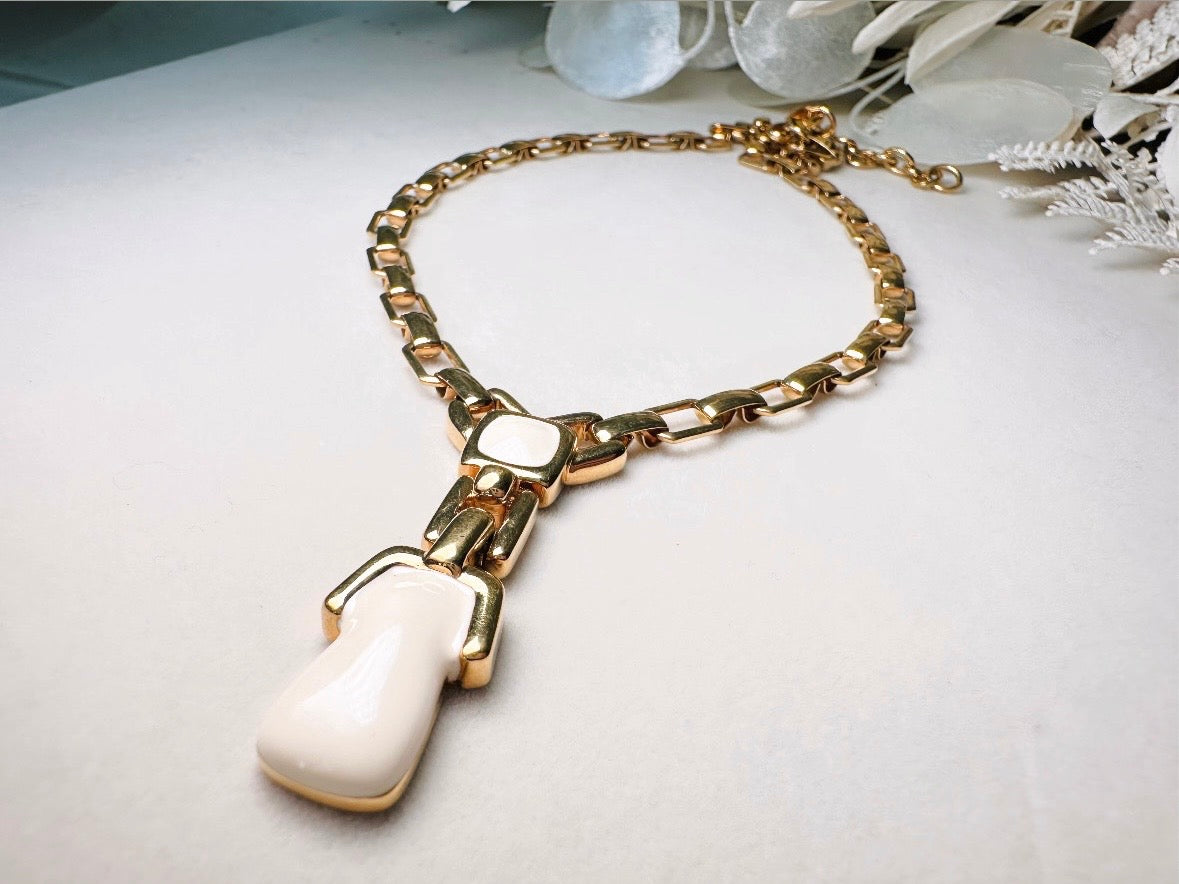 Vintage Y Necklace, Monet Necklace in Cream and Gold, Bold 1970s Vintage Geometric Chain Y Drop Necklace,