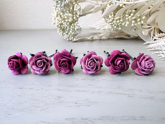 Rose Hair Pins in Wine Purple and Soft Lilac,  Paper Flower Bobby Pins, Merlot Wedding Rustic Hair Pins, 6 Floral Autumn Fall Hair Flowers MPR6