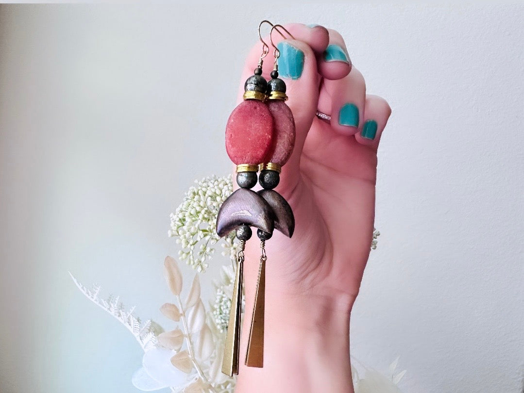 Handmade Stone Earrings, Extra Long Earthy Boho Duster Earrings, Unique Red Stone & Pyrite Orbs with Moon and Brass Dagger Charms