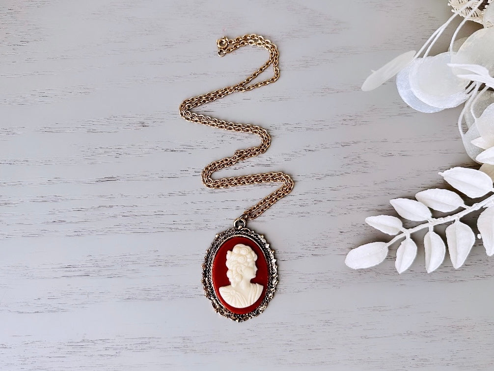 Vintage Cameo Necklace, Antique Gold Victorian Necklace, Large Red and Cream Raised Cameo Statement Necklace, Victorian Revival Cameo