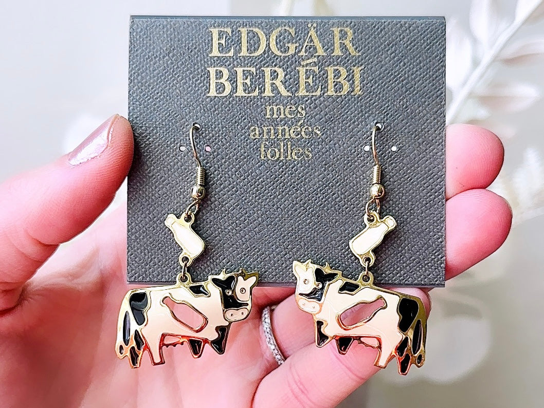 Vintage Berebi Cow Earrings, Adorable Cow and Milk Bottle Earrings, Fun 1980s Edgar Berebi Collector's Earrings, Gold Pierced Enamel Earring