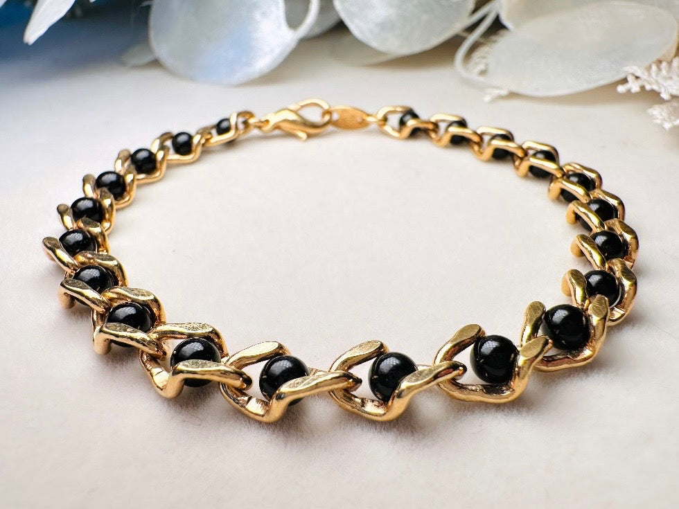 Vintage Genuine Onyx and Gold Link Bracelet, Delicate Black and Gold Gemstone Bracelet