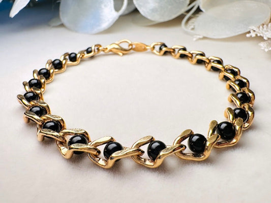 Vintage Genuine Onyx and Gold Link Bracelet, Delicate Black and Gold Gemstone Bracelet