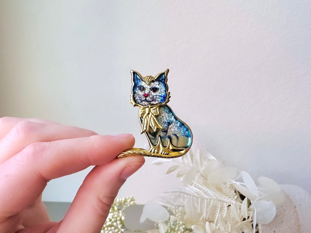 Vintage Cat Brooch, Blue Sparkly Cat Pin, Gold Trimmed Glitter 1980s Vintage Kitty Cat Broach Pin, Quirky Animal Brooch Cat Lover Gift