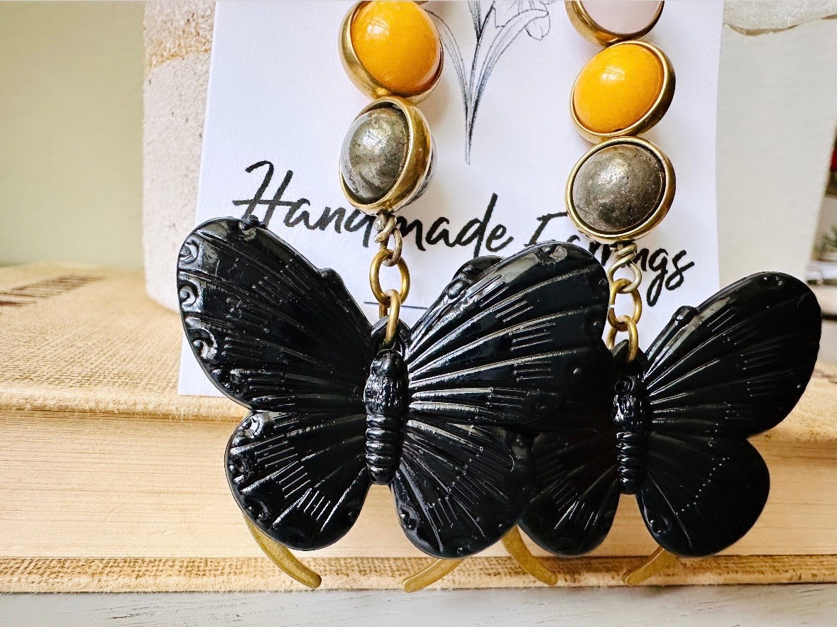 Gemstone Butterfly Earrings, Whimsical Boho Handmade Earrings, Rose Quartz Yellow Jade & Pyrite Orbs in Bronze Frames Black Butterfly Moon