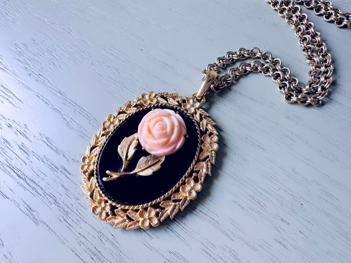 Mirrored Rose Pendant Necklace, Signed Serena Rose Vintage 1973