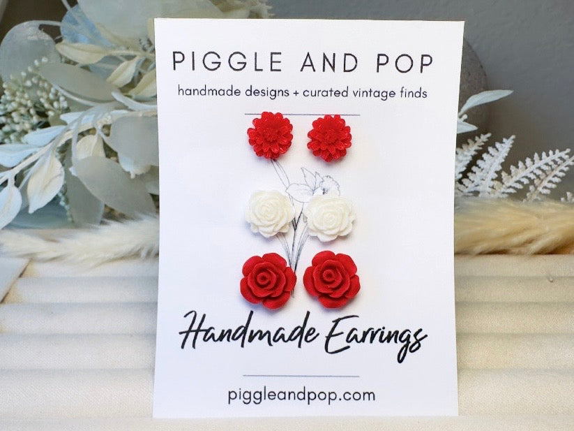 Flower Earrings Set in Red and White, Rose and Daisy Handmade Floral Resin Stud Earrings with Hypoallergenic Posts