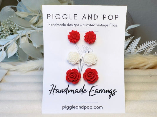 Flower Earrings Set in Red and White, Rose and Daisy Handmade Floral Resin Stud Earrings with Hypoallergenic Posts