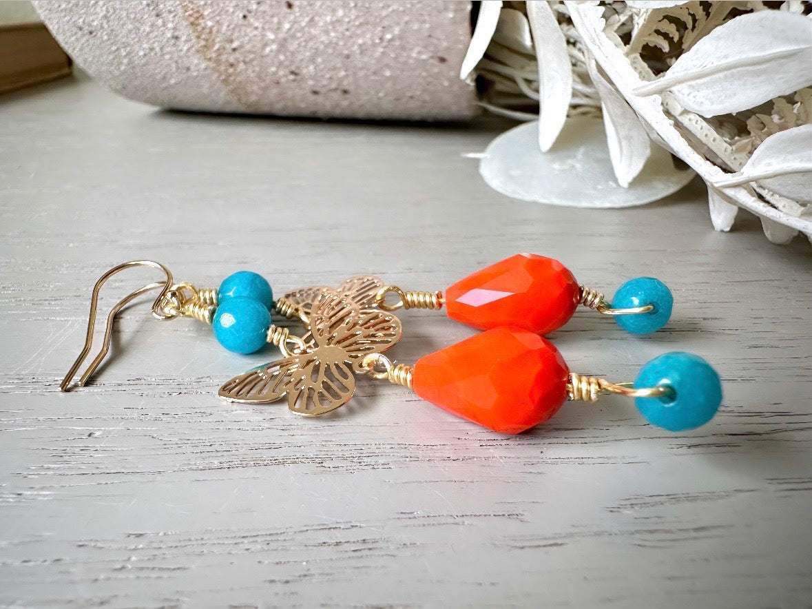 Handmade Butterfly Earrings, Bright Colorful 14k Gold Filigree Butterfly Dangle Earring, Turquoise Blue Agate & Vibrant Orange Crystal Drops