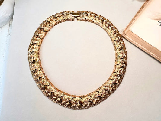 Gold Vintage Chain Necklace by Napier, Basket Weave Style Chunky Gold Woven Collar Necklace, Articulated Braided Thick Chain Necklace
