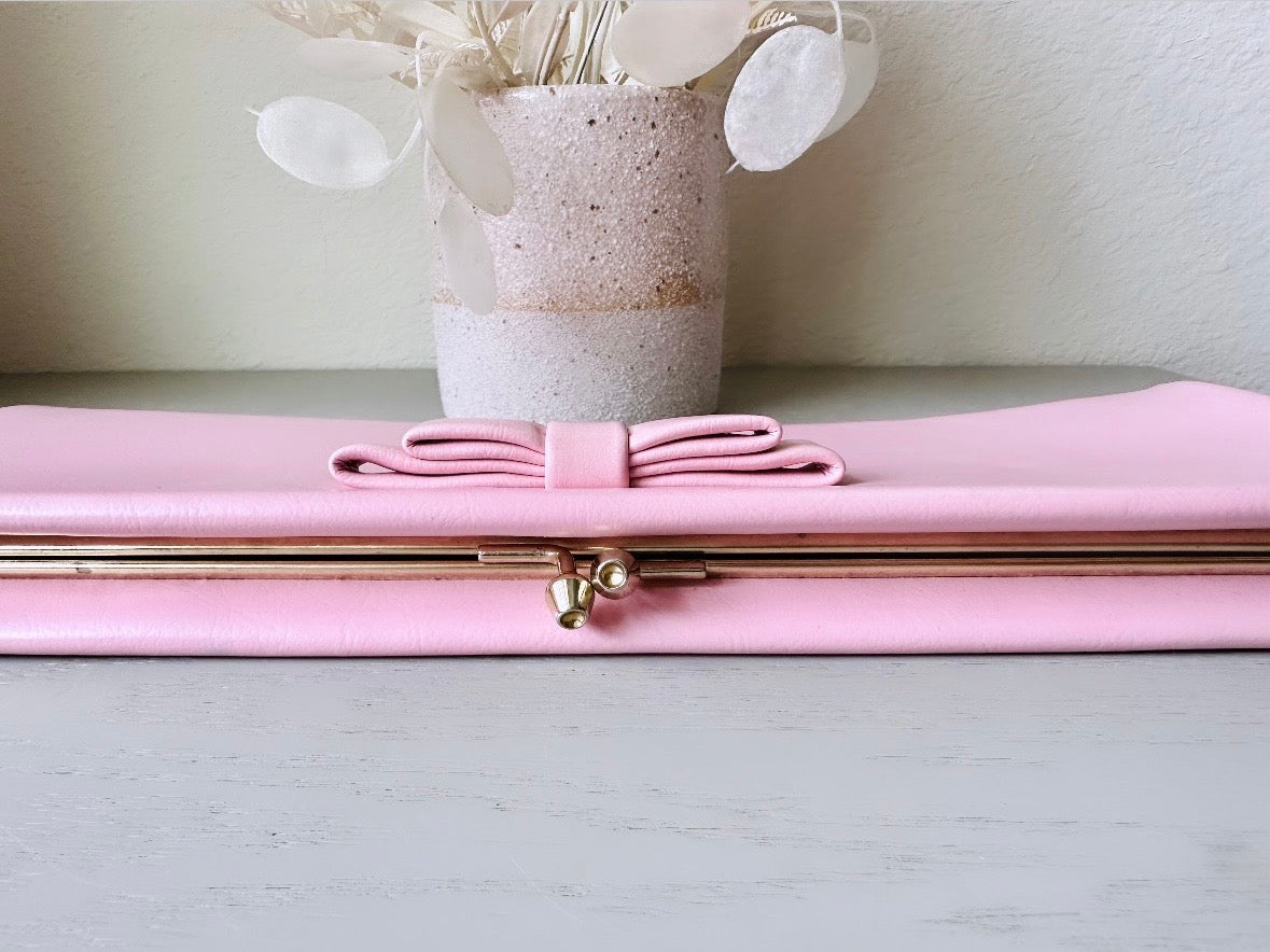 Bubblegum Pink 1960s Vintage Clutch, Barbie Pink Rectangular Leather Clutch Purse with Bow + Striped Interior, VTG Designer Harry Levine from Piggle and Pop