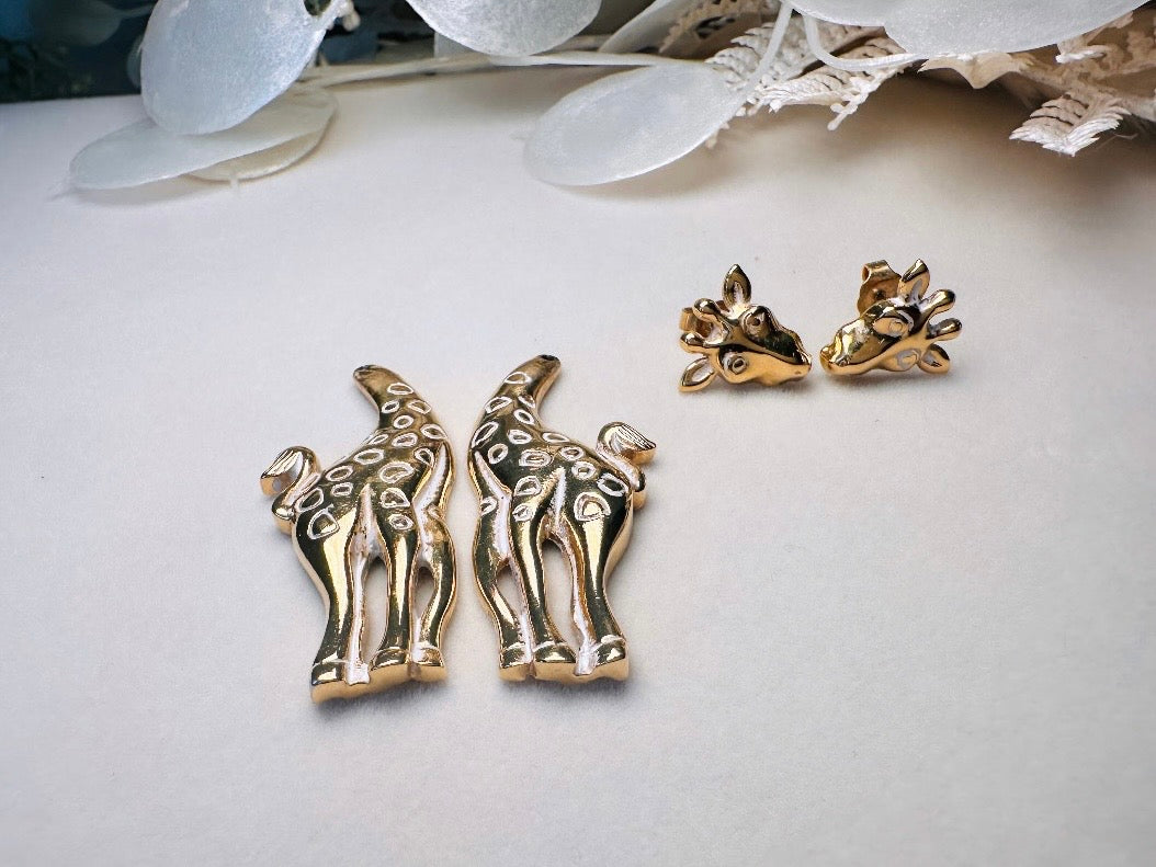 Vintage Giraffe Earrings, White and Gold Pierced Post Earrings with Moveable Head, Convertable Stud to Dangle Earrings, Animal Lover Gifts