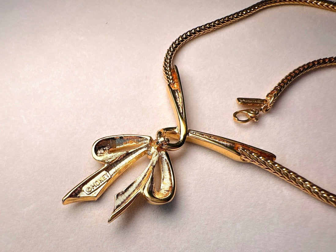 Gold Bow Necklace, Monet Vintage Gold Ribbon Pendant Necklace, Minimalist Wheat Chain Elegant Gold Knot Necklace
