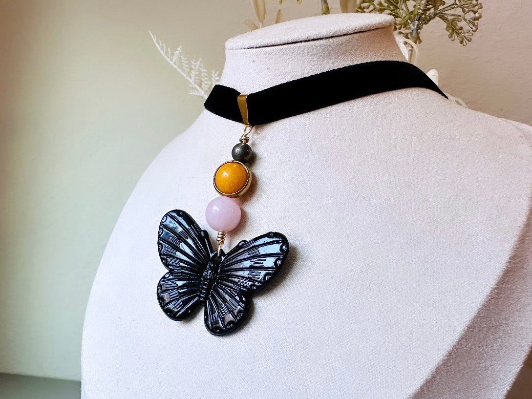 Gemstone Butterfly Choker, Whimsical Handmade Black Velvet Choker Necklace, Whimsigoth Rose Quartz Yellow Jade & Pyrite Orbs Black Butterfly