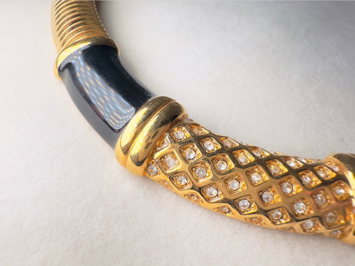 Vintage Omega Necklace, Black and Gold Monet Designer Vintage Necklace with Pave Rhinestones and Black Enamel