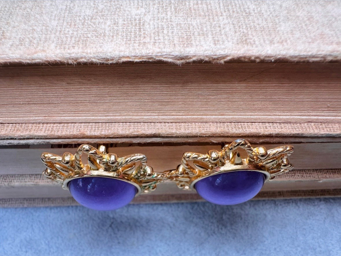 Purple Trifari Jelly Belly Sun Earrings, Rare Moonglow Violet Domed Glass Earrings