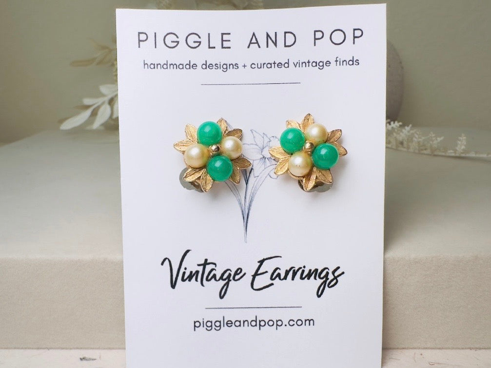 Green Pearl Vintage Earrings, 1960s Pearl Flower Earrings, Brushed Gold Leaves, Green Stones, Clip On Earrings, Autumn Floral Earrings