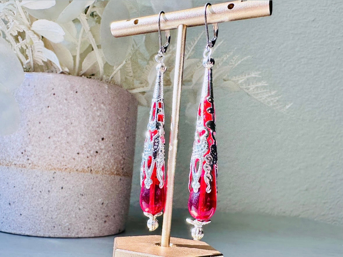 Red Teardrop Earrings, Beautiful Handmade Holiday Jewelry Gifts for Her, Striking Bright Red Glass Earring with Ornate Silver Filigree Cones