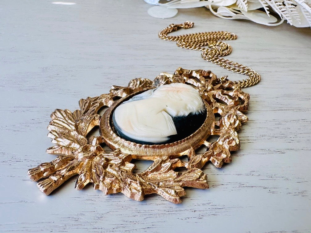 Victorian Cameo Necklace, Huge Antique Gold Pendant Necklace with Black and Cream Raised Cameo Statement Necklace, Victorian Revival Cameo