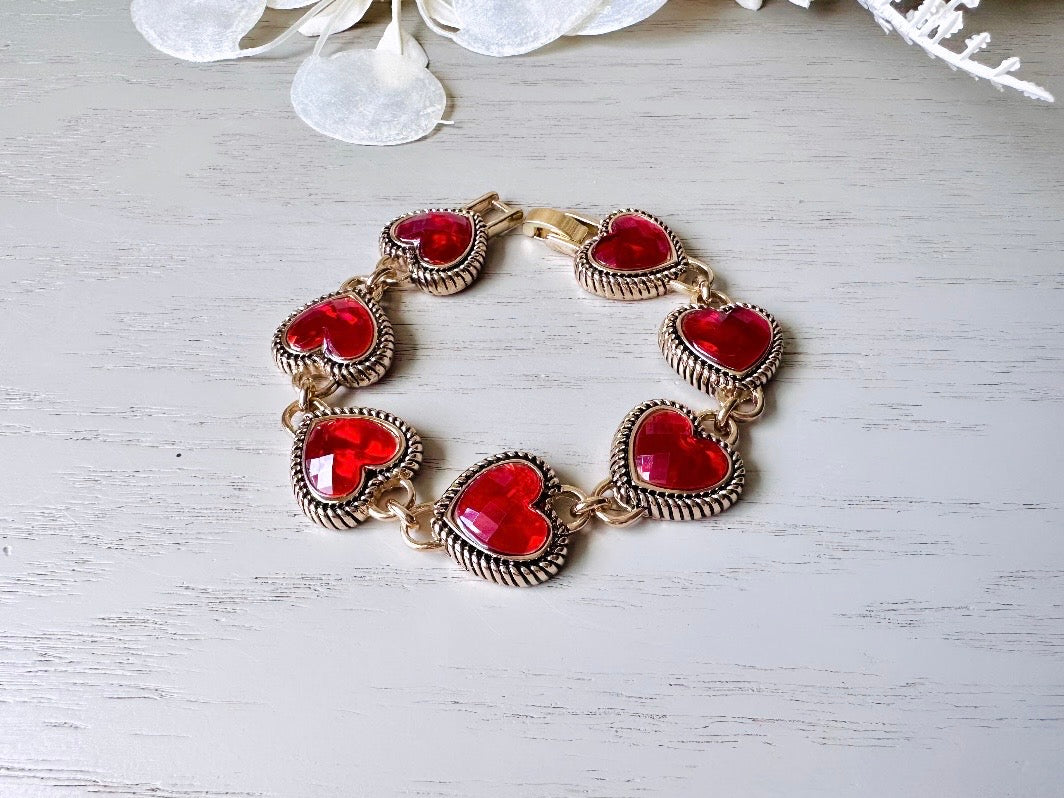 Napier Heart Bracelet, Red Confetti Heart Lucite Link Bracelet, Cute Vintage Bracelet, Gifts for Her, Gold Heart Jewelry, Signed Designer