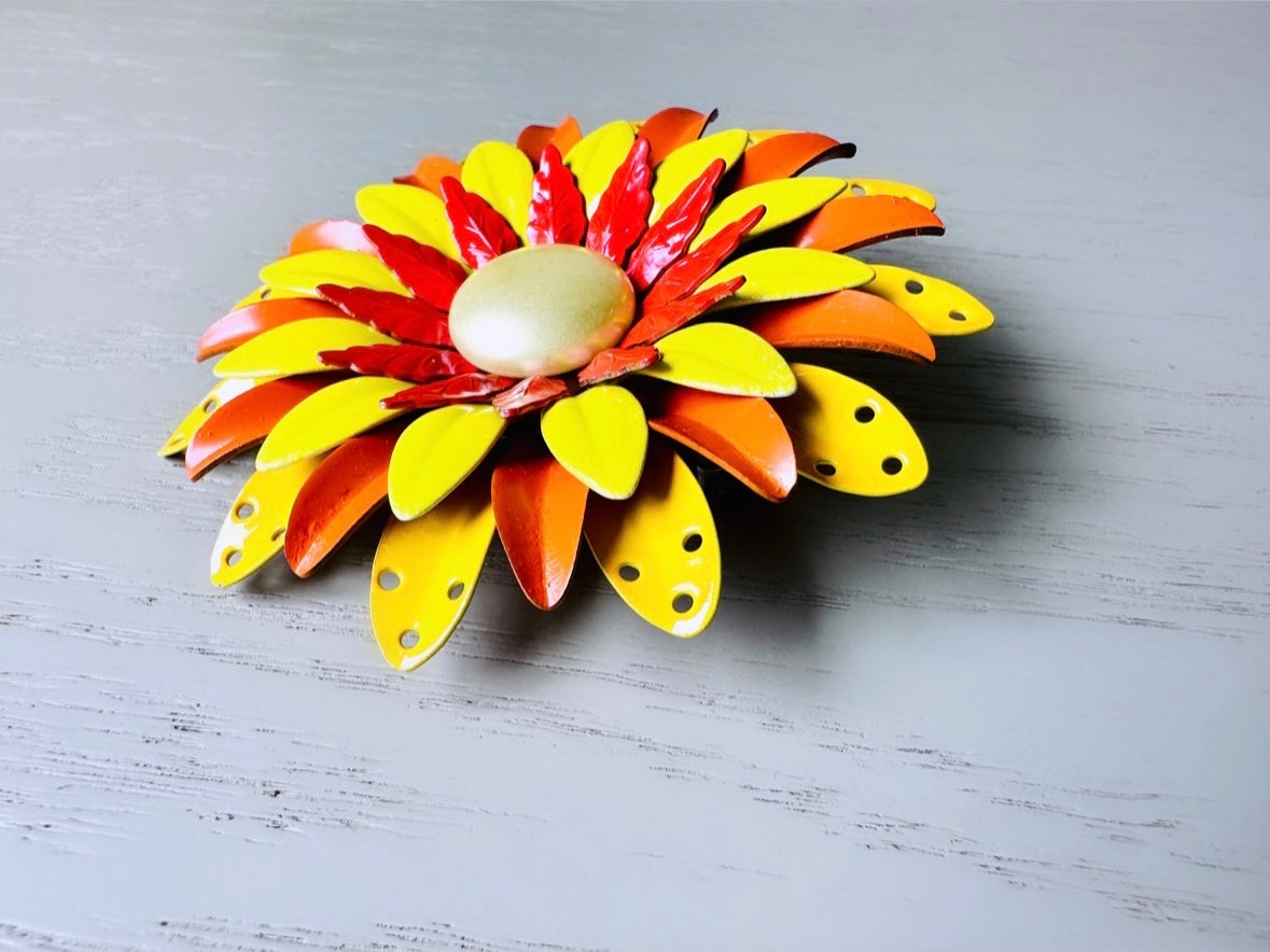 Vibrant Flower Brooch Yellow Orange + Red Floral Pin Pearl Center, Extra Large Vintage Brooch, 1960s Vintage Mod Flower Power Enamel Pin