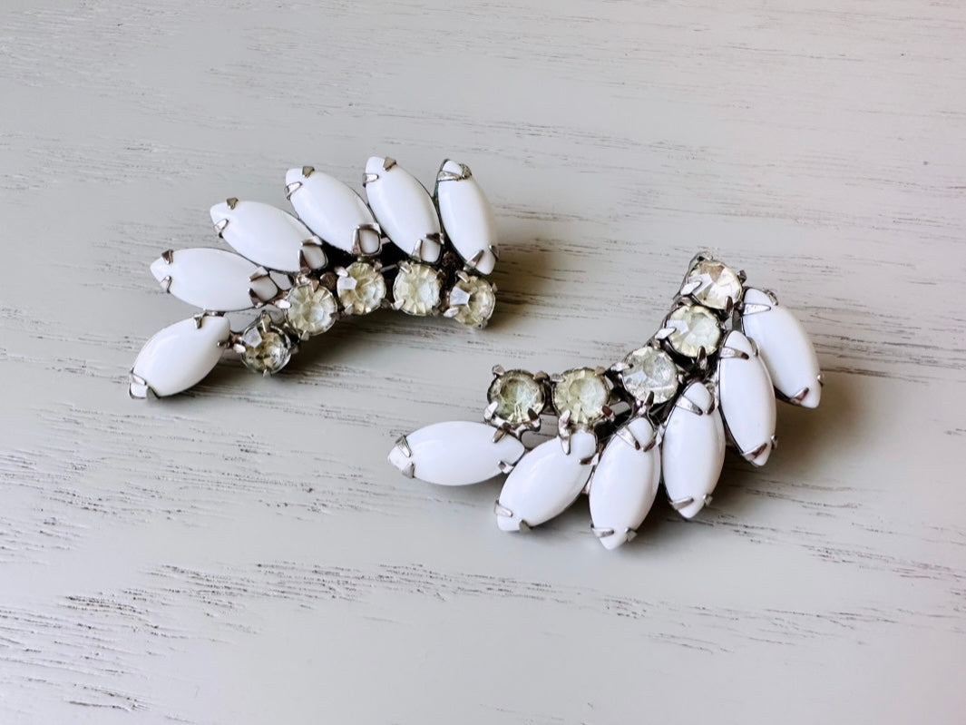 Vintage Milk Glass Earrings, 1960s Dramatic Rhinestone Clip-on Earring, Prong Set Vintage Crawler Earrings, Stunning Elegant Bridal Earrings
