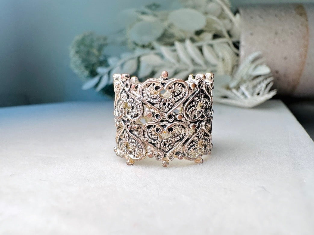 Silver Filigree Ring, Antique Silver Lace Ring with Hearts + Cut Outs, Vintage Statement Ring, Thick Band Costume Cocktail Ring, Size 6