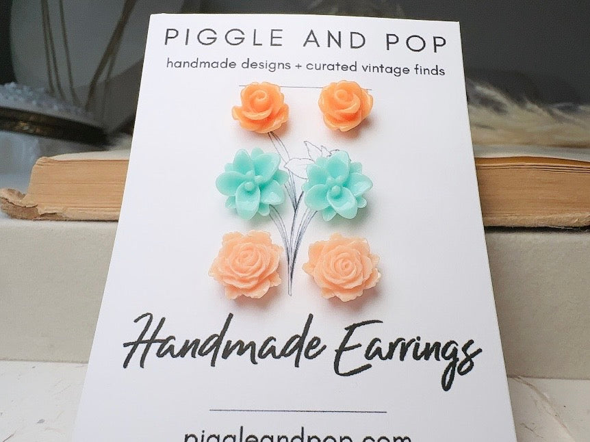 Flower Stud Earrings Set, Mint and Peach Post Earring Gift Set, Hypoallergenic Handmade Small Stud Earring