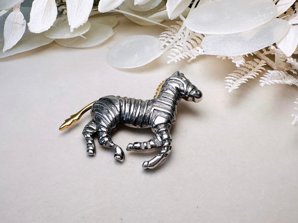 Vintage Zebra Brooch Pin, Liz Claiborne Mixed Metal Silver and Gold Wild Zebra Pin